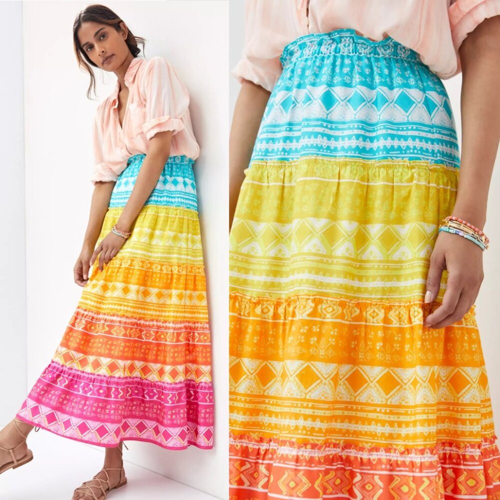 NWOT Anthropologie x Geisha Designs Rainbow Tiered Maxi Skirt XS Petite